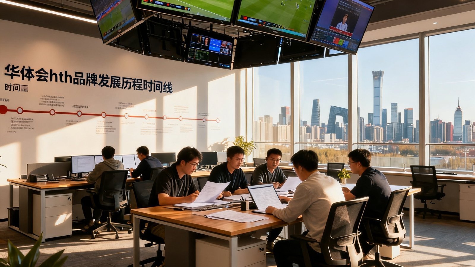 华体会hth北京办公室内景：开放式办公区中悬挂多块赛事直播屏幕，编辑团队围坐在长桌前讨论稿件，墙上展示着品牌发展历程时间线，窗外是北京CBD天际线，阳光透过落地窗照亮整个空间