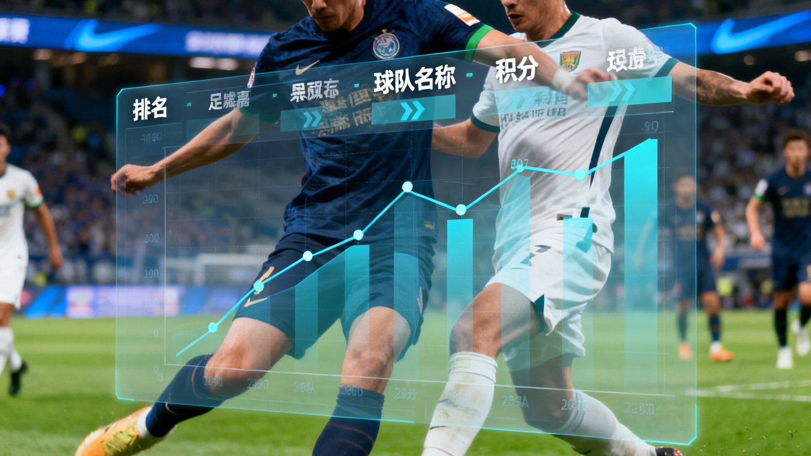 2025中超联赛半程复盘文章配图：绿茵赛场上球员激烈对抗的瞬间定格，叠加半透明数据图表展示积分榜变化趋势